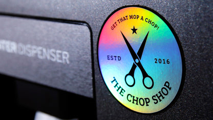 Circle holographic magnet with Chop Shop logo design