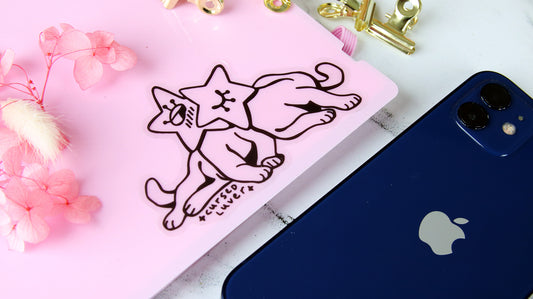 Clear vinyl stickers with cat art applied to a light pink notebook