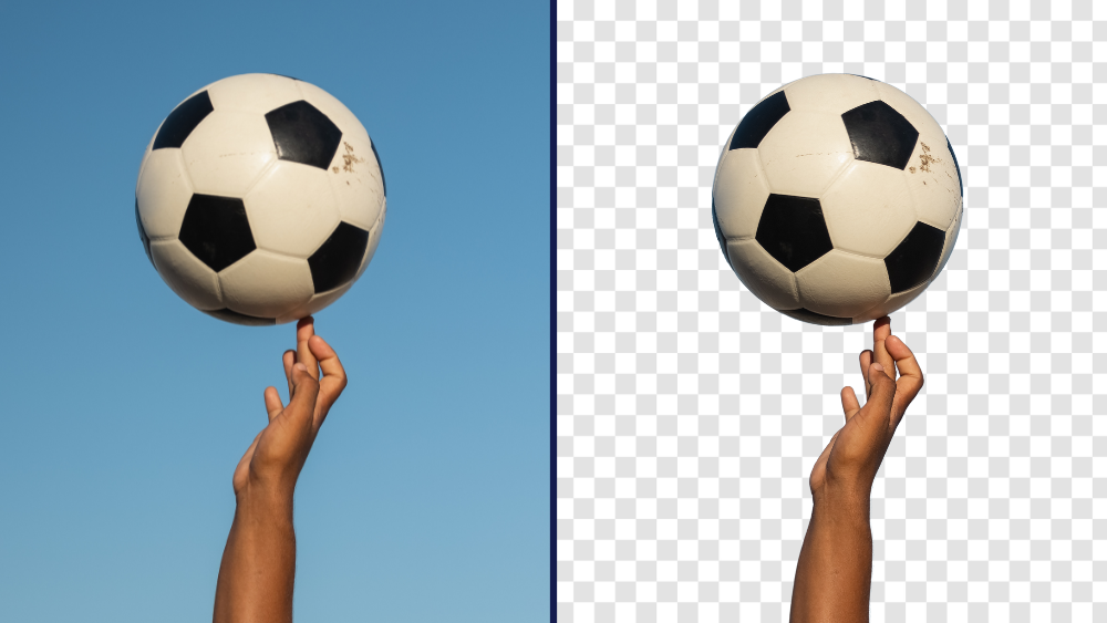 Football image with a before and after when background removed