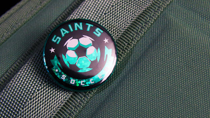 Glitter button badge with custom Saints Soccer logo 1.25 inches (32mm) in size
