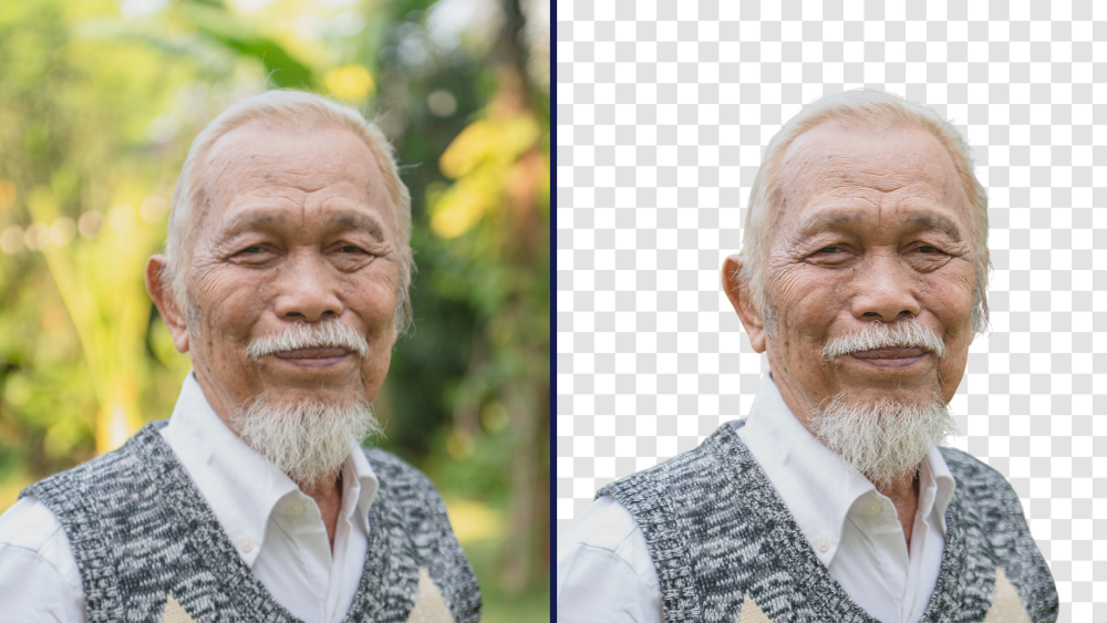 Old person with a before and after when background removed