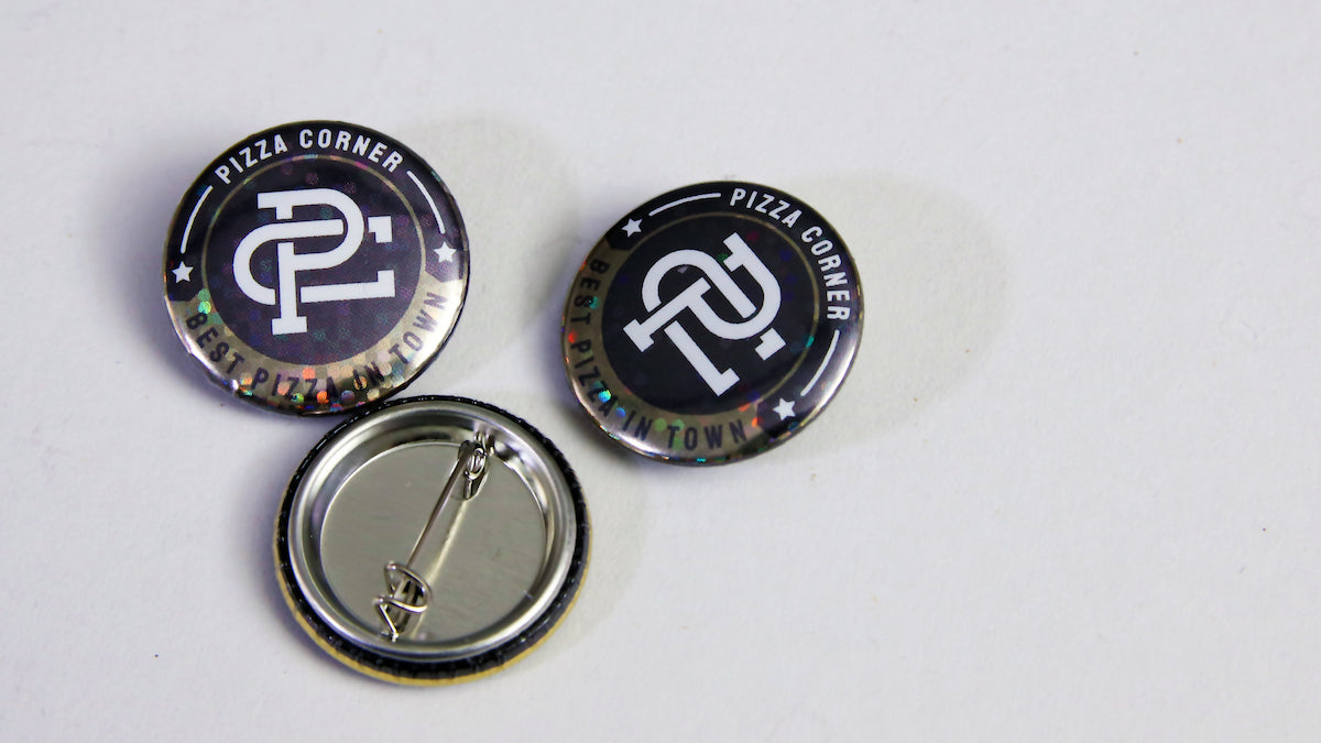 Three Pizza Corner glitter button badges 25mm (1-inch) size