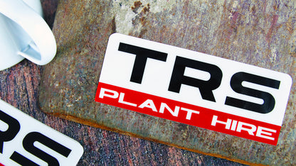 Die cut heavy duty sticker sample with TRS plant hire logo applied