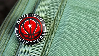 37mm (1.5 inch) basketball logo on a glittery button badge