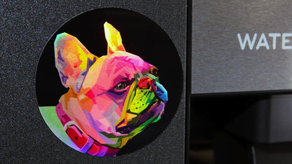 Circle shaped custom printed magnet with a polygon holographic dog design stuck to a fridge