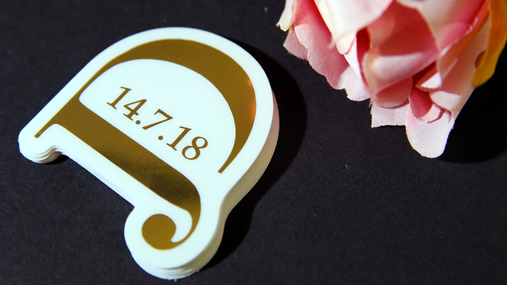 Die cut eco-friendly gold foil stickers with save the date design