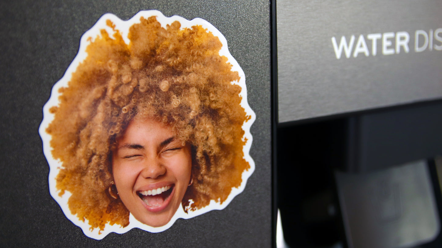 Die cut face magnet with happy girl printed on white