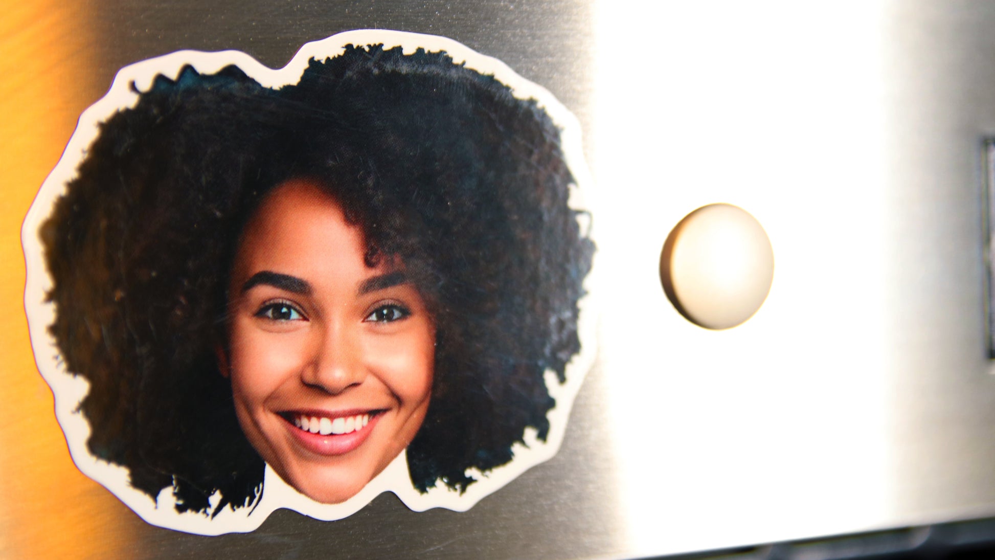 Die cut face magnet with happy woman printed on white