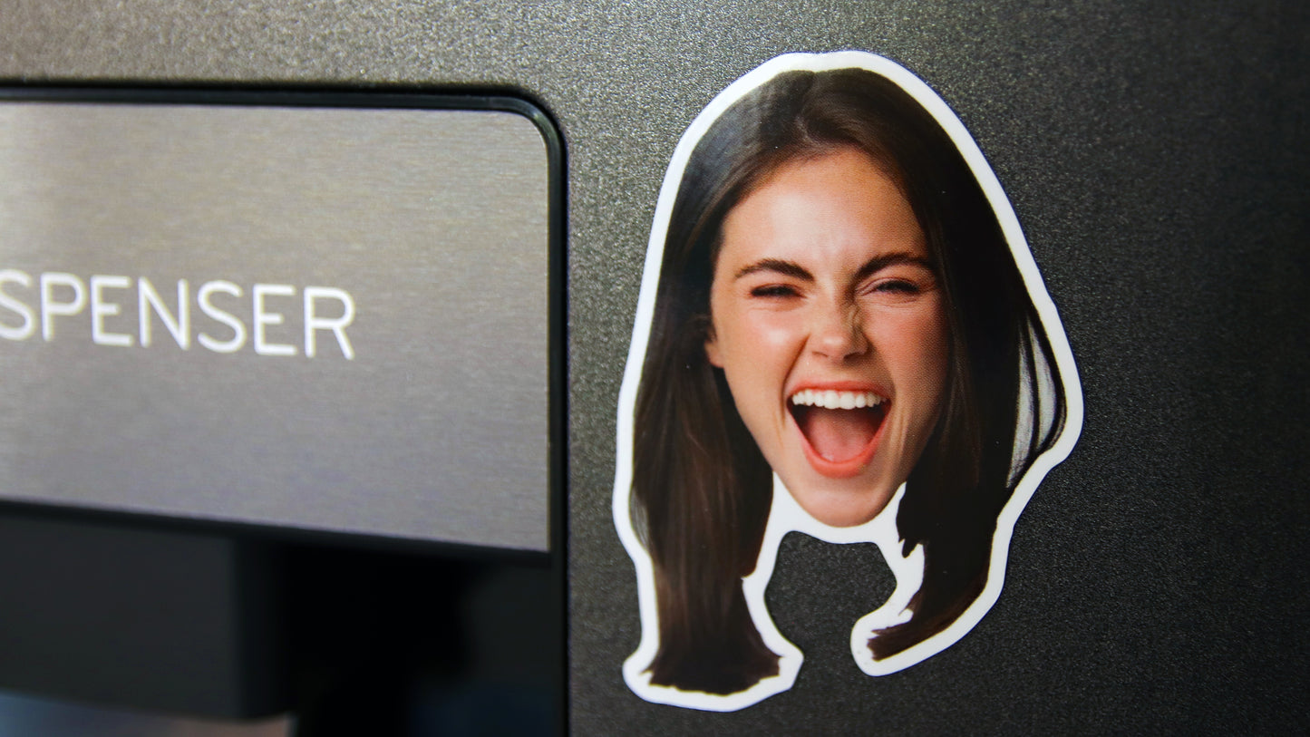 Die cut face magnet with smiling girl printed on white magnet