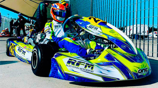 Ricky Flynn Motorsport kart on the grid with custom printed graphics