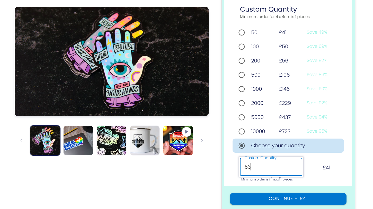 Screenshot of the die cut stickers pricing calculator to show how much 250 die cut stickers cost