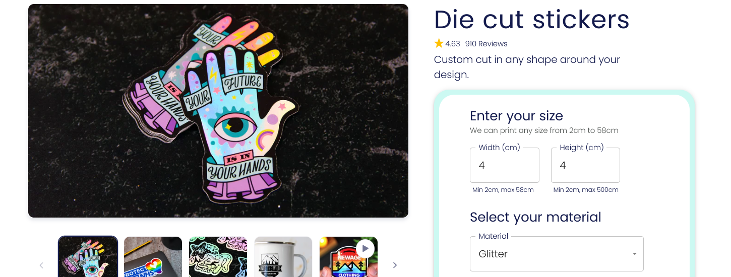 Screenshot of the die cut stickers product page