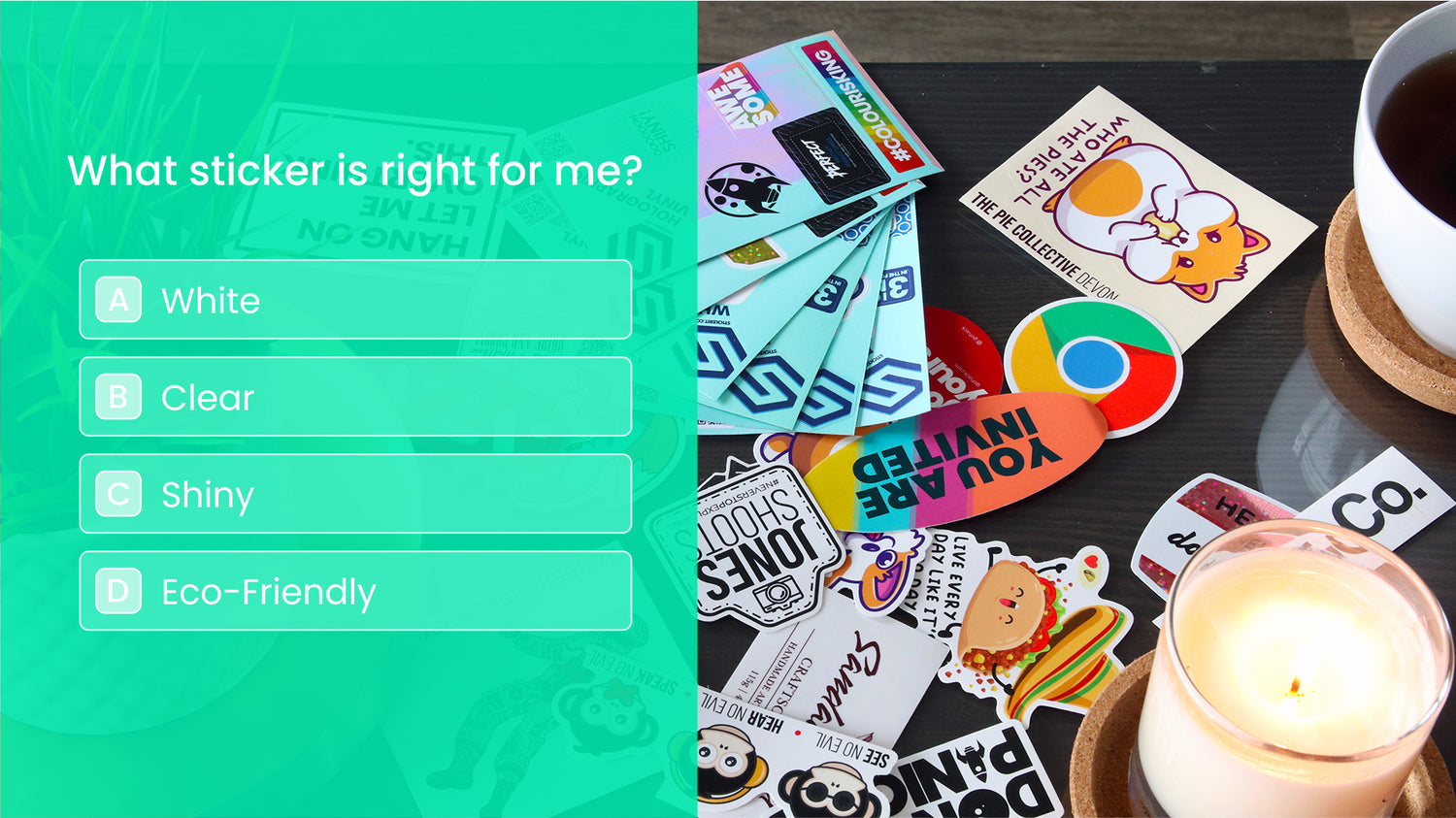 A question from Sticker it's instant assistant alongside piles of custom stickers on a table