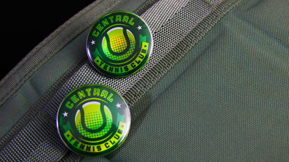 Central tennis club logo printed on a holographic 32mm (1.25-inch) button badge