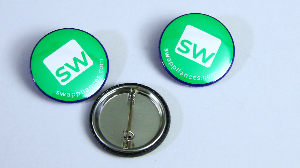 Custom SW Appliances standard button badge printed on white 32mm (1.25 inch) size