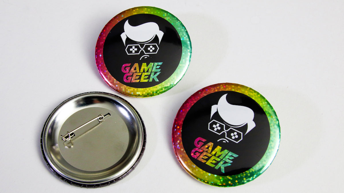 Glittery Game Geek logo 58mm (2.25 inch) button badges