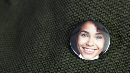 Happy smiley woman's face printed on a button badge size 37mm (1.5-inch)