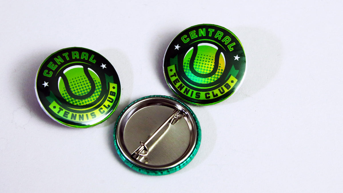 Holographic promotional button badges with tennis club logo 32mm (1.25") size