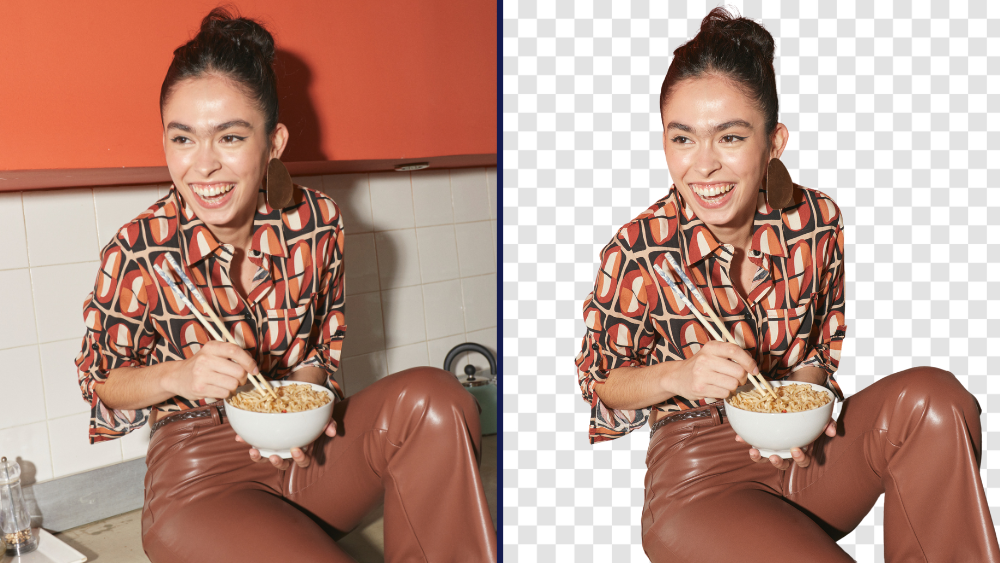 Laughing girl with a before and after background removed