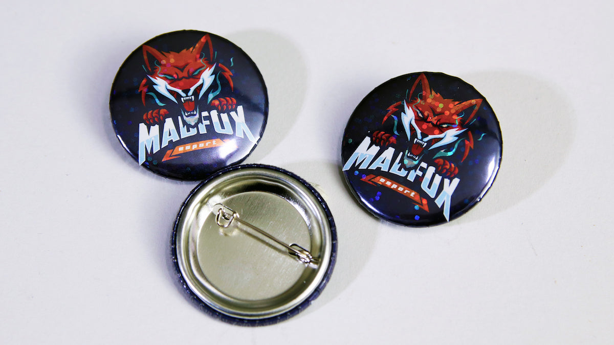 Madfox Esports logo on a glittery 37mm button badge