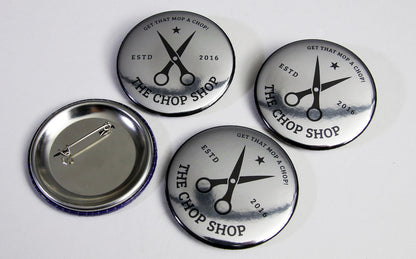 Mirror silver Chop Shop logo button badges 2.25 inches (58mm) big