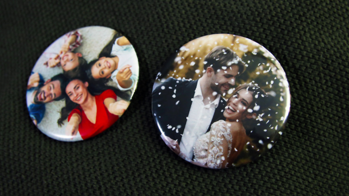 Photos of beautiful family wedding on large 58mm (2.25 inch) button badges