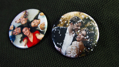 Photos of family wedding on large 58mm (2.25 inch) button badges