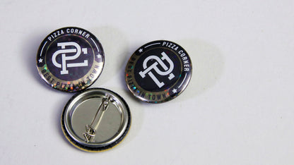 Pizza corner 25mm, 1-inch custom printed button badges with glitter effect