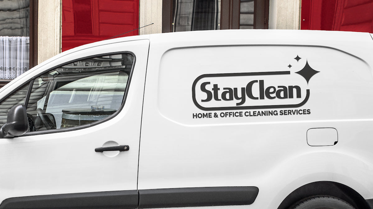 Stay Clean Home Cleaning vinyl transfer car sticker applied to the side of a white van