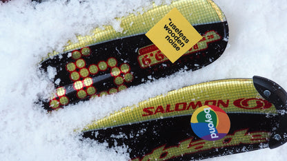 White vinyl weatherproof labels on skis