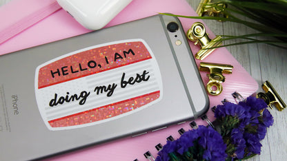 Die cut glitter stickers with name tag design applied to iPhone