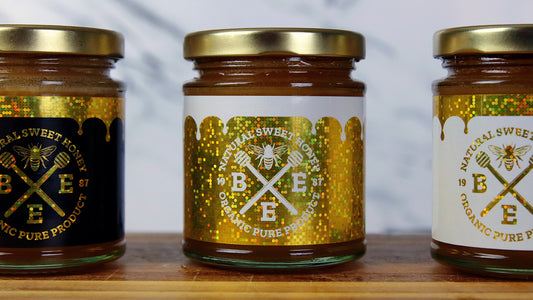 Rectangle glitter stickers on honey jar labels