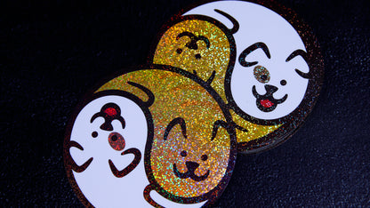 Circle eco-friendly glitter samples with ying and yang cat and dog logo