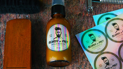Circle holographic cosmetic labels applied to an amber jar with beard oil