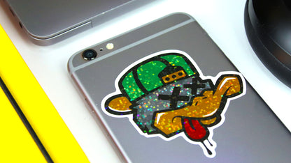 Cool die cut glitter sticker with duck design applied to iPhone