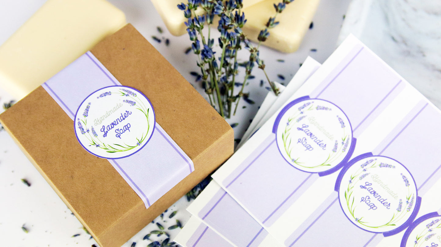 Die cut biodegradable paper sheet labels applied to a cardboard box filled with lavender soap