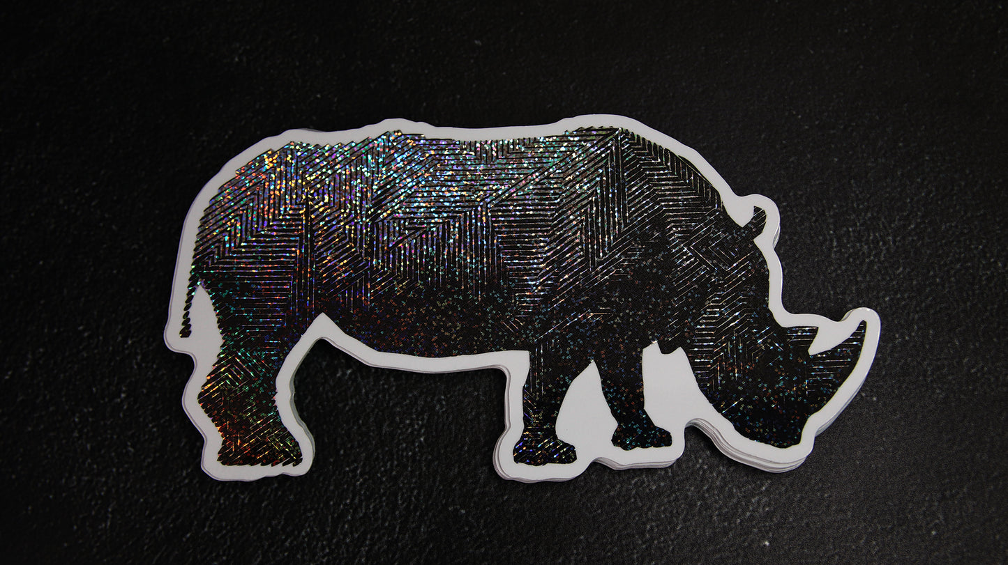 Die cut eco-friendly glitter sticker with a dark rhino design