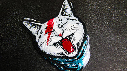 Die cut eco-friendly silver sticker with ziggy stardust cat design