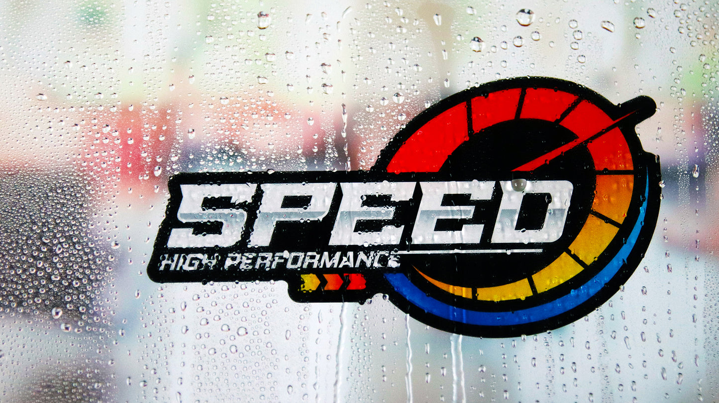Die cut front adhesive window sticker with speed logo behind glass with raindrops