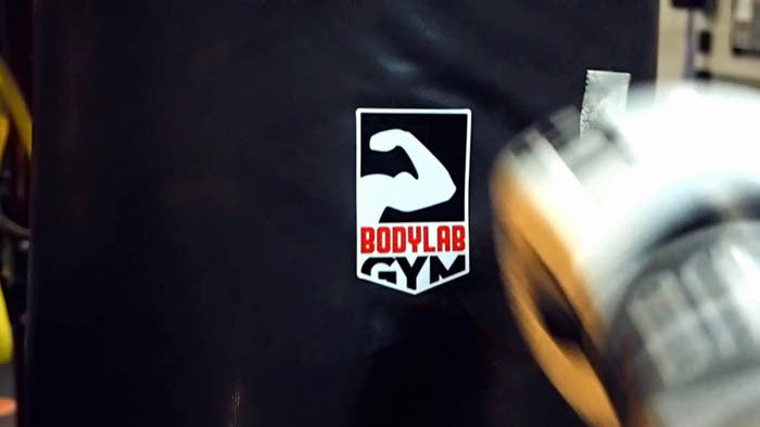 Die cut heavy duty sticker with gym logo applied to a punching bag