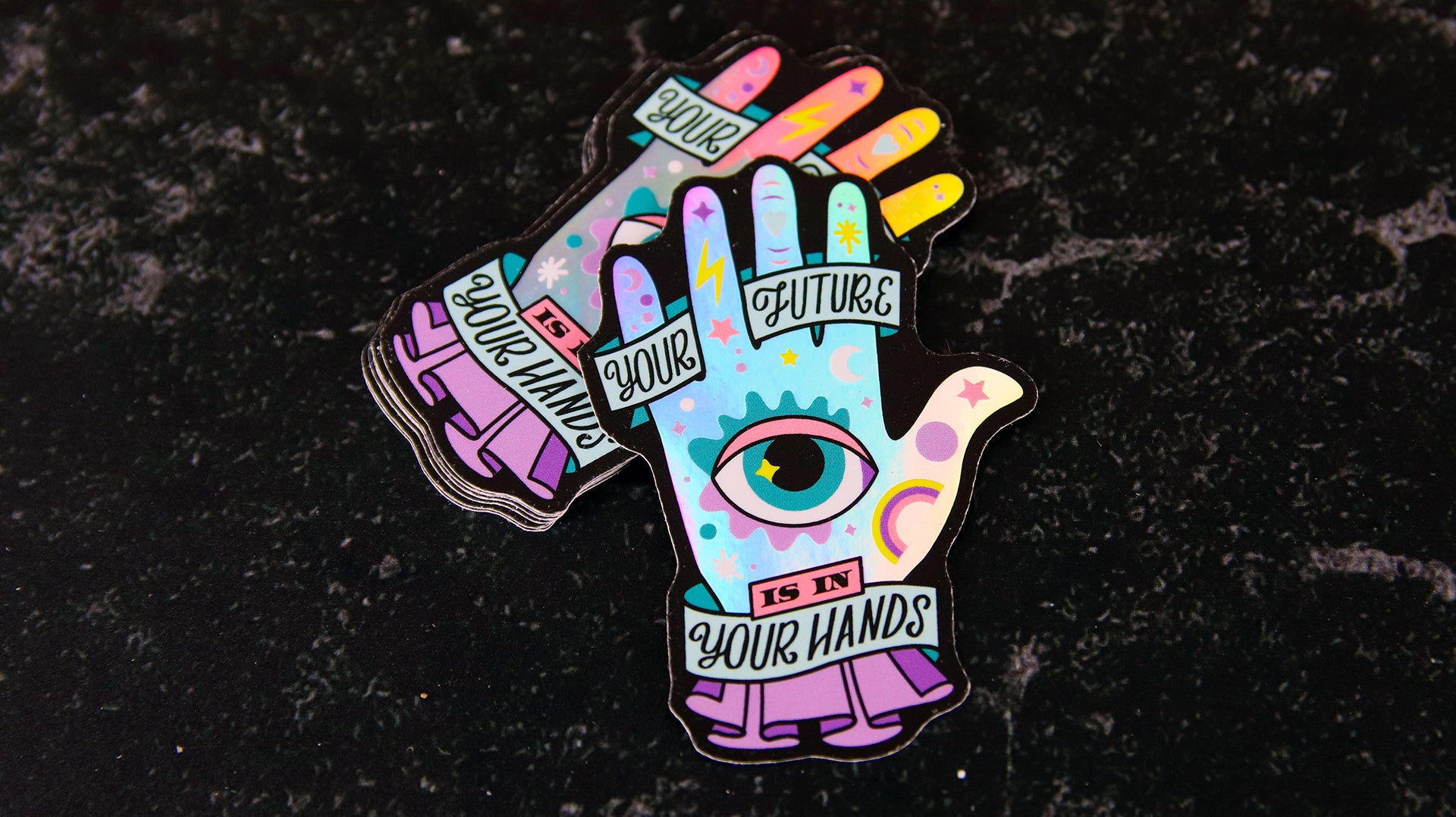 Die cut holographic sample with future in your hands design