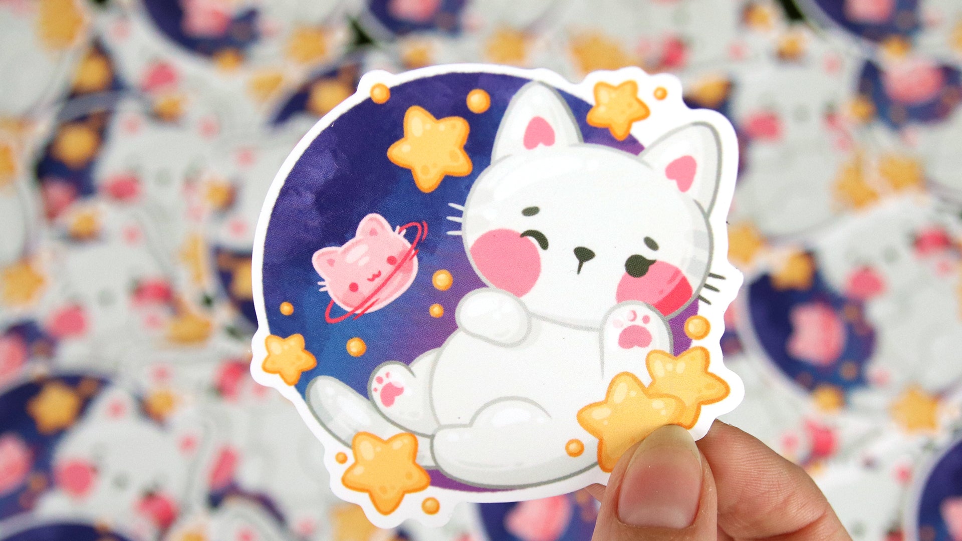 Eco-white die cut sticker sample with a cat design