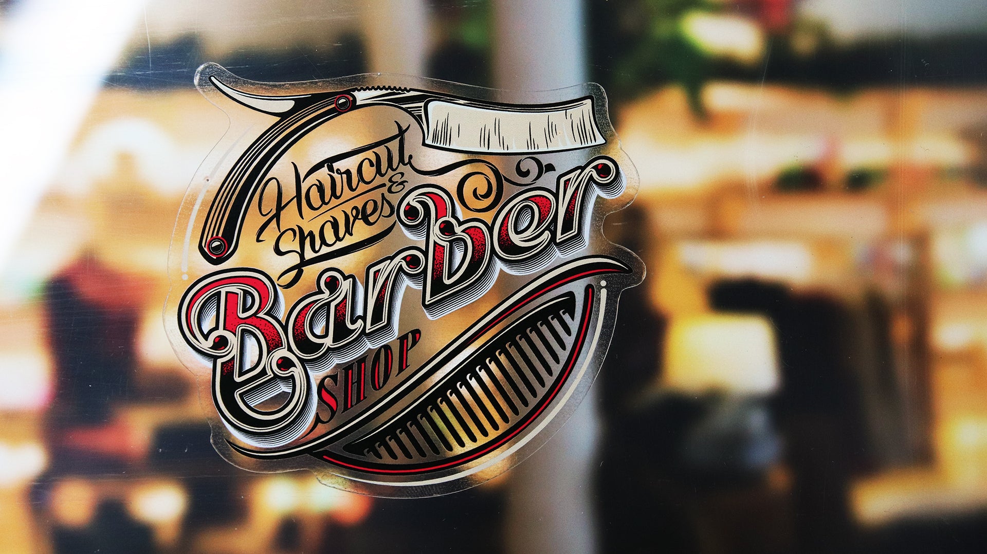 Die cut front adhesive window sticker with barber logo design