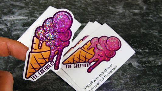 Kiss cut glitter samples with ice cream logo