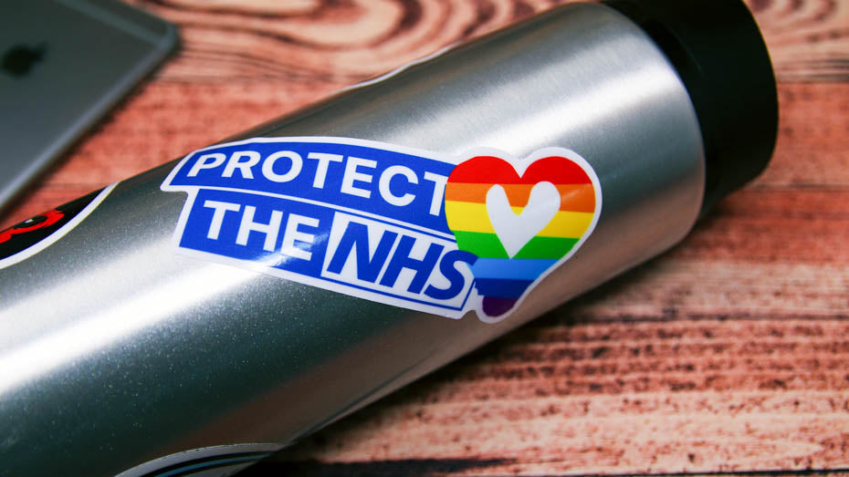 Protect the NHS waterproof sticker stuck to a water bottle