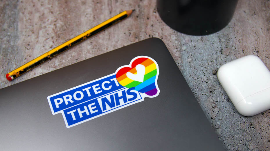 Protect the NHS white die cut sticker on a laptop