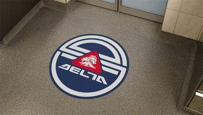 Round floor sample with delta logo applied