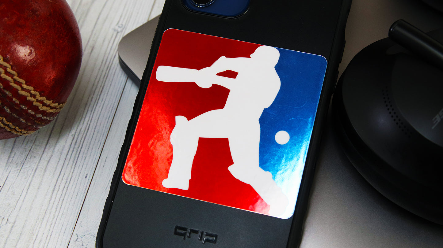 Rounded corner mirror silver sticker with cricket logo applied to a black iPhone
