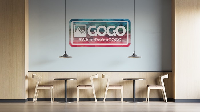Rounded corner wall sample with gogo design applied to a cafe