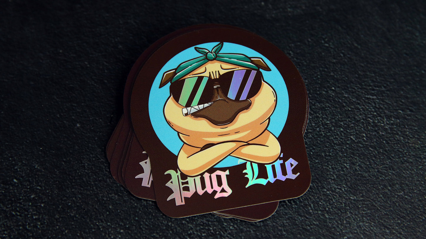 Stack of holographic die cut sticker samples with pug life design